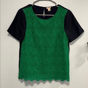 J. Crew Green Lace Blouse with Navy Sleeves